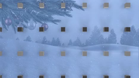 Animation-of-rows-of-cubes-pattern-and-christmas-snow-falling-over-winter-scenery