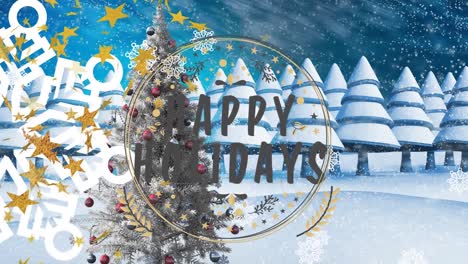 Animation-of-christmas-greetings-text,-christmas-tree,-stars-and-snow-falling-over-winter-scenery