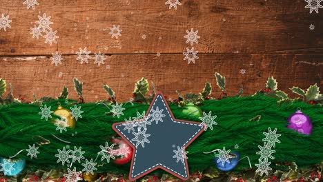 Animation-of-snowflakes-falling-over-star-shaped-banner-with-copy-space-and-christmas-decorations