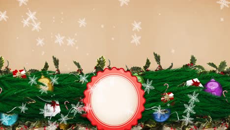 Animation-of-snowflakes-falling-over-round-banner-with-copy-space-and-christmas-decorations
