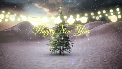 Animation-of-happy-new-year-text-with-fairy-lights-over-christmas-tree-and-winter-landscape