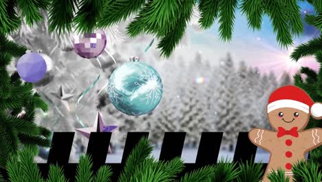 Animación-Del-árbol-De-Navidad-Y-Del-Hombre-De-Jengibre-Y-Nieve-Cayendo-Sobre-El-Paisaje-Invernal