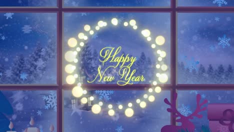 Animation-of-happy-new-year-text-with-fairy-lights-over-window-and-winter-landscape