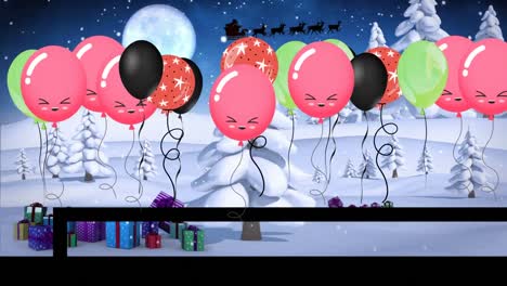 Animation-of-christmas-balloons-with-santa-claus-in-sleigh-with-reindeer-over-winter-scenery
