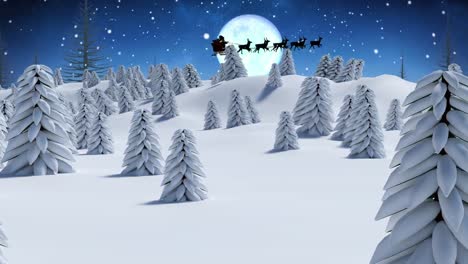 Animation-of-snow-falling-over-christmas-santa-claus-in-sleigh-with-reindeer-over-winter-scenery