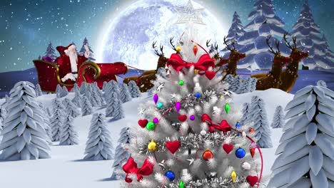 Animation-of-christmas-tree-with-santa-claus-in-sleigh-with-reindeer-over-winter-scenery