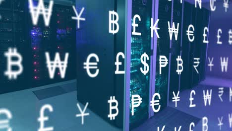 Animation-of-financial-currency-signs-and-data-processing-over-computer-servers