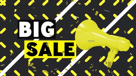 Animation-of-big-sale-text-with-yellow-megaphone,-confetti-and-moving-shapes-on-black-background