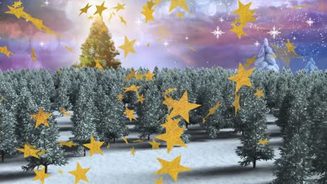 Animation-of-christmas-tree-with-stars-and-snow-falling-in-winter-scenery