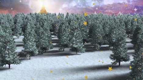 Animation-of-christmas-trees-with-stars-and-snow-falling-in-winter-scenery