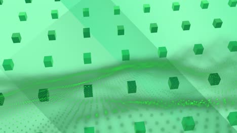Animation-of-green-mesh-over-rows-of-abstract-shapes-pattern-on-green-background