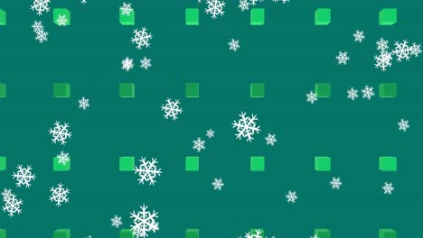 Animation-Des-Weihnachtsschnees,-Der-über-Muster-Auf-Grünem-Hintergrund-Fällt