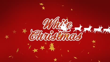 Animation-of-santa-claus-in-sleigh-pulled-by-reindeers-over-white-christmas-text-on-red-background