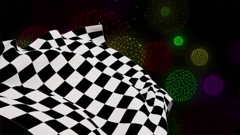 Animation-of-checkered-flag-over-shapes-and-fireworks-on-black-backrgound