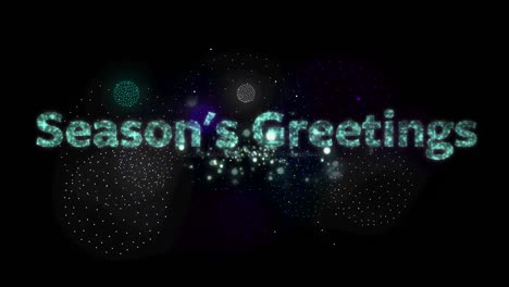Animation-of-season's-greetings-text-over-shapes-and-fireworks-on-black-backrgound