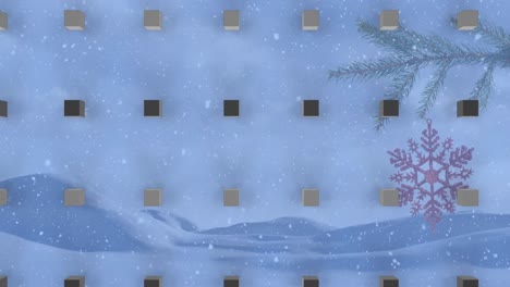 Animation-Von-Würfelreihenmustern-Und-Weihnachtsschnee,-Der-über-Die-Winterlandschaft-Fällt