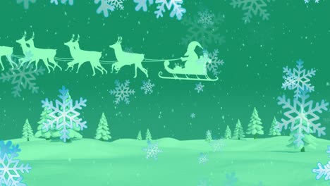 Animation-of-christmas-santa-claus-in-sleigh-with-reindeer-on-green-background