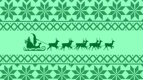 Animation-Von-Weihnachtsmuster-Und-Weihnachtsmann-Im-Schlitten-Mit-Rentier-Auf-Grünem-Hintergrund