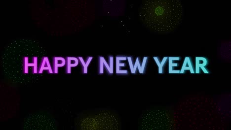 Animation-of-happy-new-year-text-over-shapes-and-fireworks-on-black-backrgound