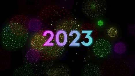 Animation-of-2023-text-over-shapes-and-fireworks-on-black-backrgound