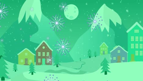 Animation-of-christmas-snowflakes-and-winter-scenery-on-green-background