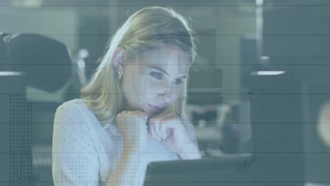 Animation-of-statistical-data-processing-over-thoughtful-caucasian-woman-looking-at-computer-screen