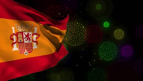 Animation-Der-Flagge-Spaniens-über-Formen-Und-Feuerwerk-Auf-Schwarzem-Hintergrund
