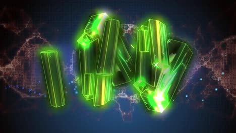 Animation-Eines-Leuchtenden-Grünen-Blocks,-Der-Sich-über-Einem-DNA-Strang-Dreht
