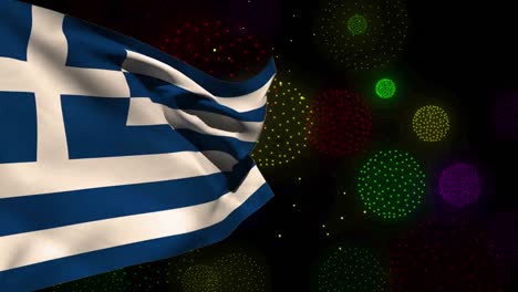 Animation-of-flag-of-greece-over-shapes-and-fireworks-on-black-backrgound