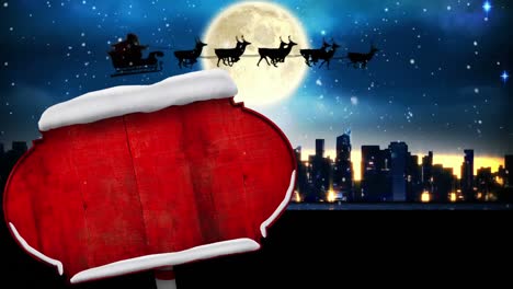 Animation-Einer-Weihnachtlichen-Roten-Tafel-Mit-Weihnachtsmann-Im-Schlitten-Mit-Rentieren-über-Der-Winterlandschaft