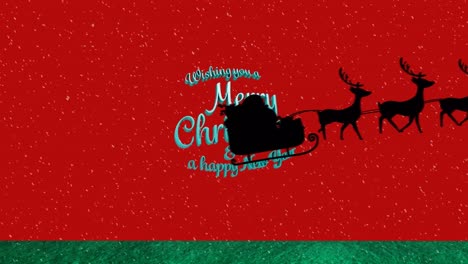 Animation-of-christmas-greetings-text-and-santa-claus-in-sleigh-with-reindeer-on-red-background