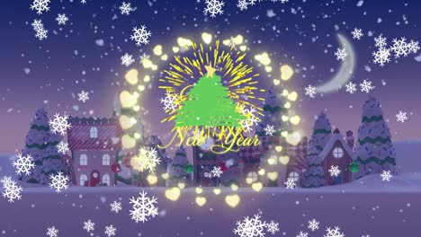 Animation-of-christmas-season's-greetings-text-and-snow-falling-over-winter-scenery