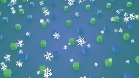 Animation-of-snow-falling-over-cubes-on-blue-background