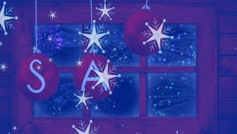 Animation-of-snow-falling-over-christmas-baubles-decoration-and-winter-scenery