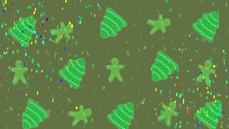 Animation-Von-Konfetti,-Die-über-Reihen-Von-Weihnachtsmustern-Fallen,-Die-Sich-Auf-Grünem-Hintergrund-Bewegen