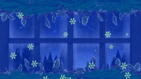 Animation-of-snow-falling-over-christmas-window-decoration-and-winter-scenery