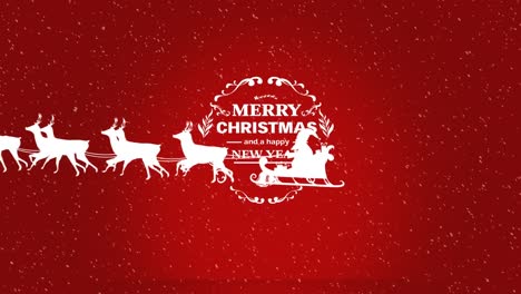 Animation-of-christmas-greetings-text-and-santa-claus-in-sleigh-with-reindeer-on-red-background