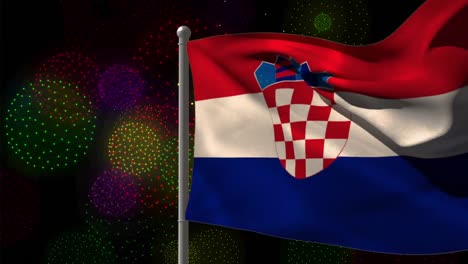 Animation-Der-Flagge-Kroatiens-über-Formen-Und-Feuerwerk-Auf-Schwarzem-Hintergrund