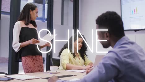 Animation-of-shine-text-over-business-people-in-office