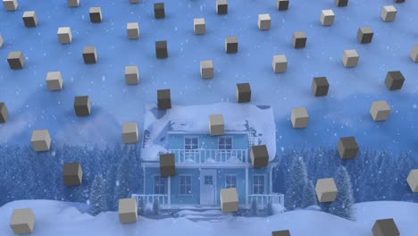 Animation-Von-Würfelreihenmustern-Und-Weihnachtsschnee,-Der-über-Die-Winterlandschaft-Fällt