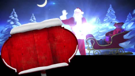 Animation-of-christmas-red-board-and-greetings-text-with-santa-claus-waving-over-winter-scenery