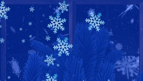 Animation-of-snow-falling-over-christmas-tree-branches-decoration-and-winter-scenery