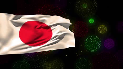Animation-Der-Flagge-Japans-über-Formen-Und-Feuerwerk-Auf-Schwarzem-Hintergrund