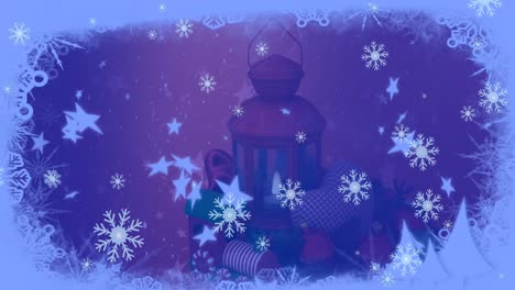 Animation-of-snow-falling-over-christmas-lanters-decoration-and-winter-scenery