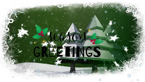 Animation-of-christmas-season's-greetings-text-and-snow-falling-over-winter-scenery