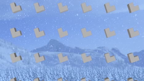 The-animation-shows-fir-trees,-mountains-and-snow-falling-in-a-countryside-setting