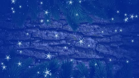 Animation-of-snow-falling-over-christmas-tree-branches-over-bark