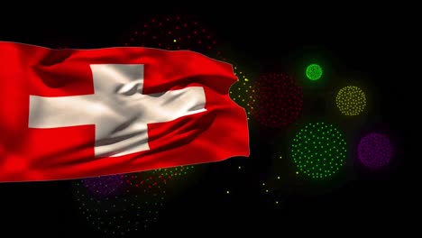 Animation-Der-Flagge-Der-Schweiz-über-Formen-Und-Feuerwerk-Auf-Schwarzem-Hintergrund