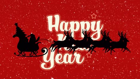 Ein-Weißes-Plakat-Mit-Der-Aufschrift-„Frohes-Neues-Jahr“-In-Lila,-Auf-Dem-Sterne-Und-Symbole-Fliegen