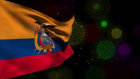 Animation-Der-Flagge-Ecuadors-über-Formen-Und-Feuerwerk-Auf-Schwarzem-Hintergrund